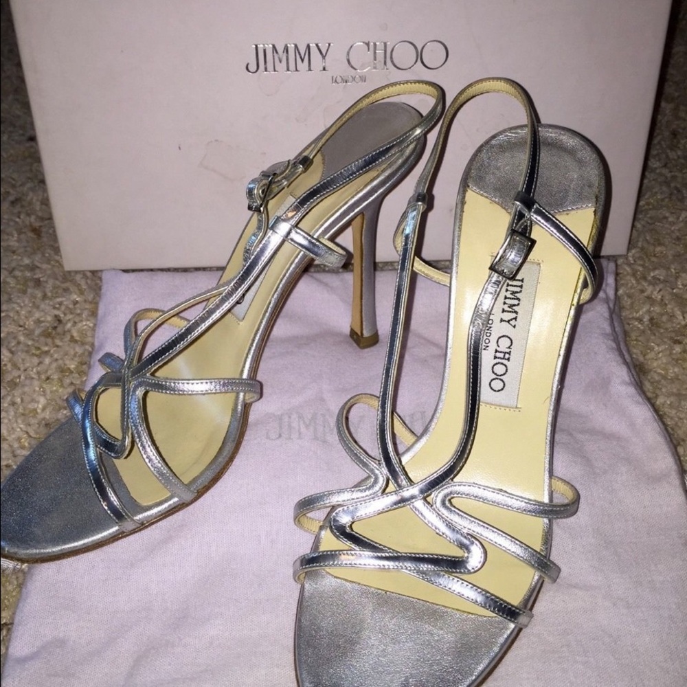 Jimmy Choo Silver Strappy Heels 38/8 Worn 1X